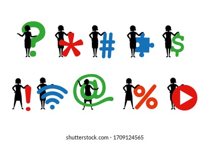 Simple black women silhouettes standing and holding basic symbols. Digitization, wi-fi, Internet, puzzle, exclamation and question mark, percent, hashtag and dollar sign. Vlogger and blogger set.