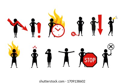 
Simple black women silhouettes standing and holding negative signs and symbols. Obstacles, prohibited, cancel, stop, denied access, no entry, no time, angry and refusal symol. Problematic situation.