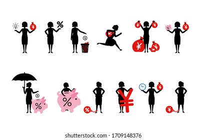 Simple black women silhouettes standing and holding big red Chinese Yuan signs. Good and bad economy symbols. Saving and spending money, paying taxes, getting contract. Business woman and her profit.