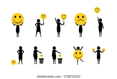 Simple black women silhouettes standing and holding emoticons. Internet emotions. Happy and sad face. Positive and negative communication in the office. Funny social media people illustration set.