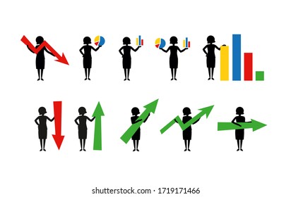 Simple black women silhouettes standing and holding various arrows, charts and graphs. Financial data presentation. Office worker business report. Good and bad economy graphic analytics illustration.