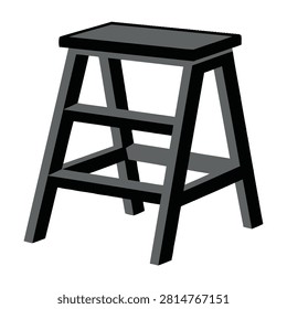 Simple black wooden step stool with three steps isolated on white background. Ideal for home decor, workshop tools, furniture design, and DIY projects.