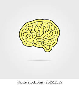 simple black and yellow brain. concept of thinking, artwork, success, brainstorming, nervous, psychology, cerebral. isolated on grey background. flat style modern logotype design vector illustration