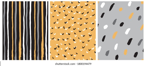 Simple Black, Yellow And Gray Geometric Vector Seamless Pattern With Stripes, Spots And Dots. Irregular Dotted Vector Print. Striped Backdrop.