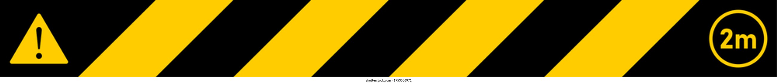 Simple Black and Yellow Security Tape Floor Marking Adhesive Icon with Diagonal Stripes, Attention Sign, 2 Metres Sign and an Aspect Ratio of 10:1. Vector Image.