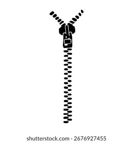 Elemento de Diseño gráfico de cremallera negro simple. Ilustración vectorial de una cremallera abierta con un patrón de dientes detallado. Perfecto para moda, ropa, diseños de la industria textil y proyectos creativos.
