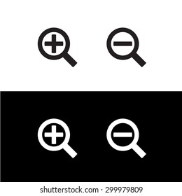 Simple black zoom magnify glass plus and minus icons
