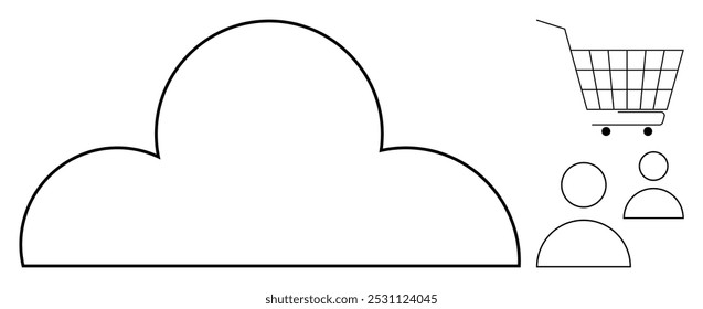 Simple black-and-white cloud with shopping cart and two users. Ideal for technology, cloud computing, e-commerce, online shopping, and digital services themes. Minimalist vector art style