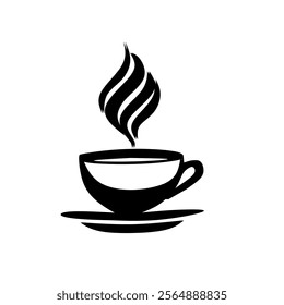 Simple black-and-white coffee cup icon with steam, ideal for cafe logos, menu designs, or morning-related graphics. Clean and modern style.