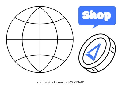 Simple black-and-white globe with a blue and white coin showing a direction arrow, next to a blue speech bubble with word Shop. Ideal for e-commerce, international trade, navigation, online shopping
