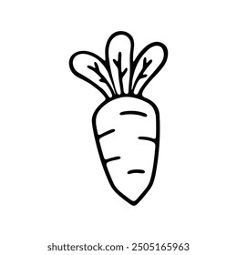 A simple black-and-white hand-drawn illustration of a carrot with its leafy top intact