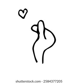 A simple black-and-white hand-drawn illustration of a romantic gesture, featuring a stylized figure blowing a kiss with a heart.  