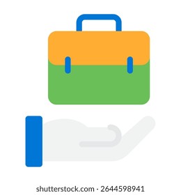Simple black-and-white icon depicting a briefcase held by a hand, suitable for business or professional themes.