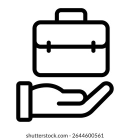 Simple black-and-white icon depicting a briefcase held by a hand, suitable for business or professional themes.