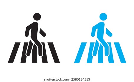 A simple black-and-white icon depicting a pedestrian crossing a striped crosswalk, often with a walking figure or traffic signals, indicating a designated safe area for pedestrians to cross the road.