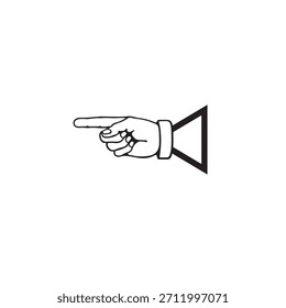 Ein einfaches schwarz-weißes Symbol einer Hand, die nach links zeigt. Die Hand ist mit einem ausgestreckten Zeigefinger und einer dreieckigen Manschette oder Hülse dahinter dargestellt, was ihr ein stilisiertes, richtungsweisendes Aussehen verleiht.
