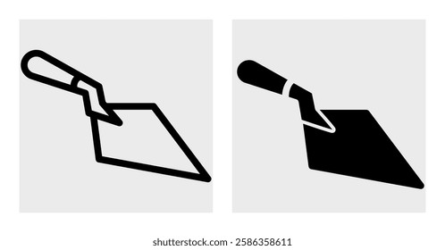 Simple black-and-white icon of a trowel, a common tool in masonry and construction. Available in outline and solid versions, suitable for construction branding, tool catalogs, instructional materials.