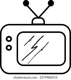 A simple black-and-white icon of a vintage television with antennas and a scribbled screen. The retro design is ideal for media, broadcasting, and entertainment-themed projects.