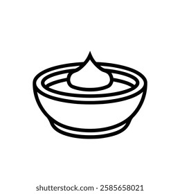 A simple black-and-white illustration of a bowl filled with dip, featuring a small peak of the dip in the center