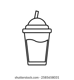 A simple black-and-white illustration of a frappuccino cup with a lid, straw, and a frothy top.