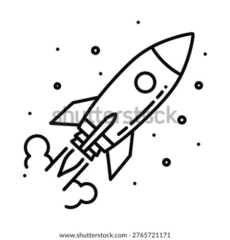 A simple black-and-white illustration of a rocket launching upward with smoke, plume, and scattered space dots.