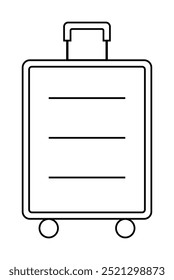 Imagen sencilla de arte lineal en blanco y negro de una maleta con asa y ruedas. Ideal para viajes, vacaciones, embalaje, turismo y aventura. Limpio, minimalista, moderno.