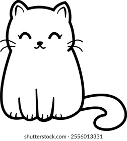 Simple black-and-white line drawing of a content cat sitting with front paws together and tail curled around its body. Ideal for pet-themed designs and coloring activities.