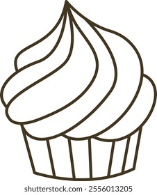 Simple black-and-white line drawing of a cupcake with swirled frosting and a fluted paper liner, ideal for baking-themed designs and coloring activities.