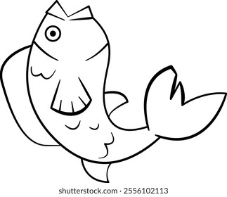 Simple, black-and-white line drawing of a fish. It has a prominent eye, dorsal fin, tail fin, and pectoral fin.