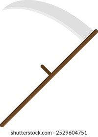 Simple black-and-white line drawing of a scythe with a long, curved blade attached to a wooden handle and a perpendicular grip.