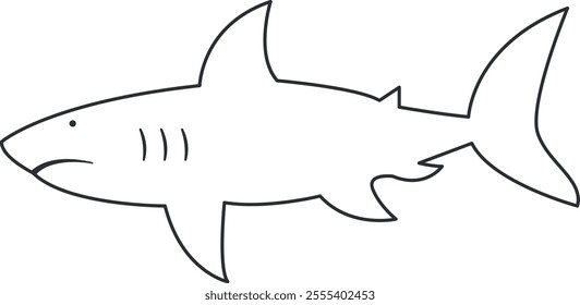 Simple, black-and-white line drawing of a shark, depicted in profile facing left, with a streamlined body, a prominent dorsal fin, pectoral fins, and a tail fin, including details like gill slits.