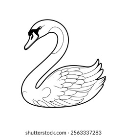 A simple black-and-white line drawing of a swan, featuring clear outlines perfect for coloring. Elegant and minimalistic, ideal for creative projects or relaxation activities.