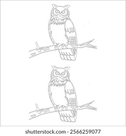 Simple black-and-white line drawing of two owls perched on branches, perfect for coloring and crafting