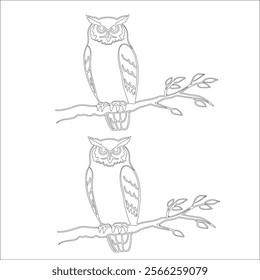 Simple black-and-white line drawing of two owls perched on branches, perfect for coloring and crafting