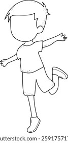 A simple black-and-white line drawing of a young boy in a playful pose.