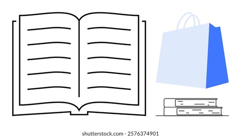 Simple black-and-white open book next to blue shopping bag with S on it and a stack of two books. Ideal for education, online shopping, literature, bookstores, digital library. Minimalist vector