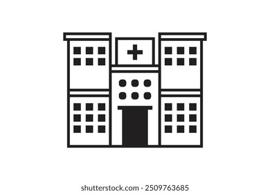 A simple, black-and-white outline of a hospital building with a prominent cross symbol on the roof, representing medical services.