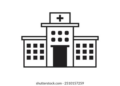 A simple, black-and-white outline of a hospital building with a prominent cross symbol on the roof, representing medical services.