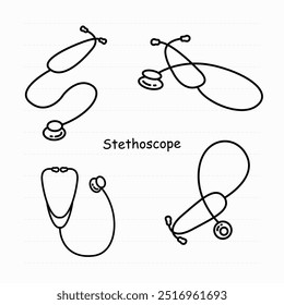 Simple black-and-white outline illustrations of stethoscopes in different configurations, ideal for medical-themed designs, educational materials, or healthcare-related content.