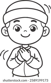 A simple black-and-white outline of a young Muslim boy in prayer, symbolizing faith and devotion in Ramadan.