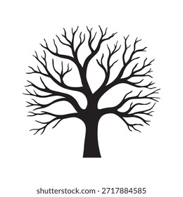 Una silueta simple en blanco y negro de un árbol sin hojas. El árbol tiene un tronco grueso con numerosas ramas que se extienden hacia afuera, creando un patrón simétrico. Las ramas están desnudas, lo que indica que es probable que sea otoño o invierno. El marcado contraste entre el árbol y el fondo resalta la intrincada estructura de las ramas.