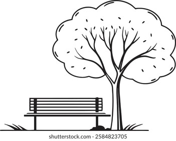 A simple black-and-white silhouette vector illustration of a tree and a park bench, perfect for nature, outdoor, and relaxation-themed designs.