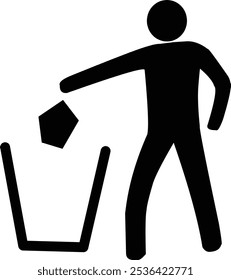 
A simple black-and-white vector icon depicting a person throwing garbage into a bin. The design emphasizes responsible waste disposal and environmental cleanliness. Ideal for signage or awareness cam