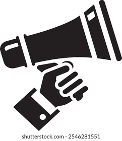 a simple, black-and-white vector icon of a hand holding a megaphone. The hand should be depicted in a relaxed, natural position