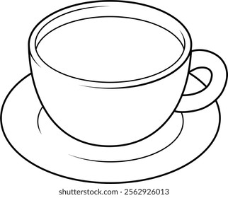 A simple black-and-white vector illustration depicting a cup filled with liquid, placed on a saucer, highlighting its minimalistic design.