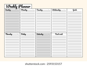 Simple black-and-white weekly planner with daily sections, goal setting, and next week planning for better organization.