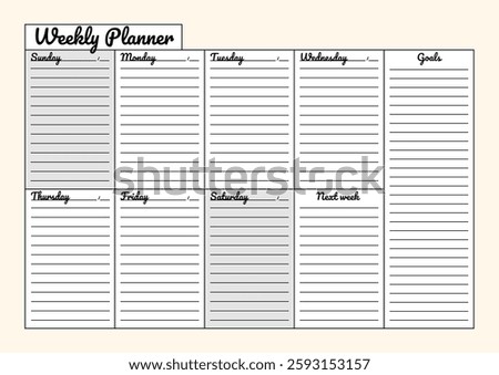 Simple black-and-white weekly planner with daily sections, goal setting, and next week planning for better organization.