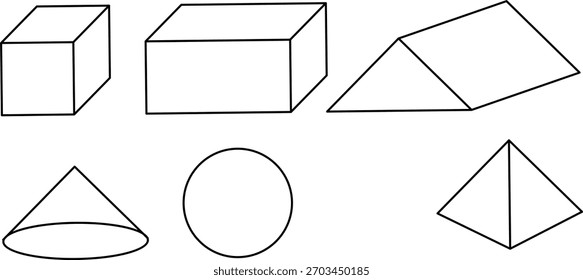 Formas geométricas 3D de contorno negro simples que incluyen cubo, prisma rectangular, prisma, cono, círculo y pirámide, ideales para matemáticas, educación, diagramas y materiales de aprendizaje.
