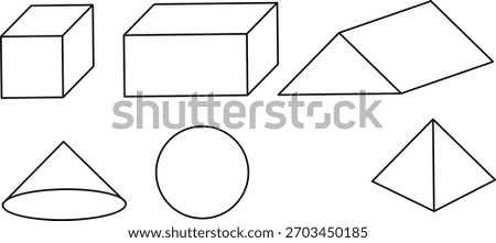 Simple black-outline 3D geometric shapes including cube, rectangular prism, prism, cone, circle, and pyramid, ideal for math, education, diagrams, and learning materials.
