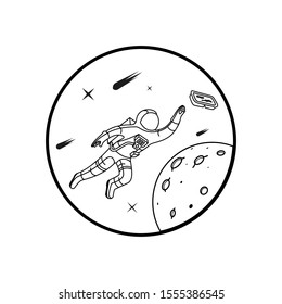 A simple black-white artwork. An astronaut alone flies in space.